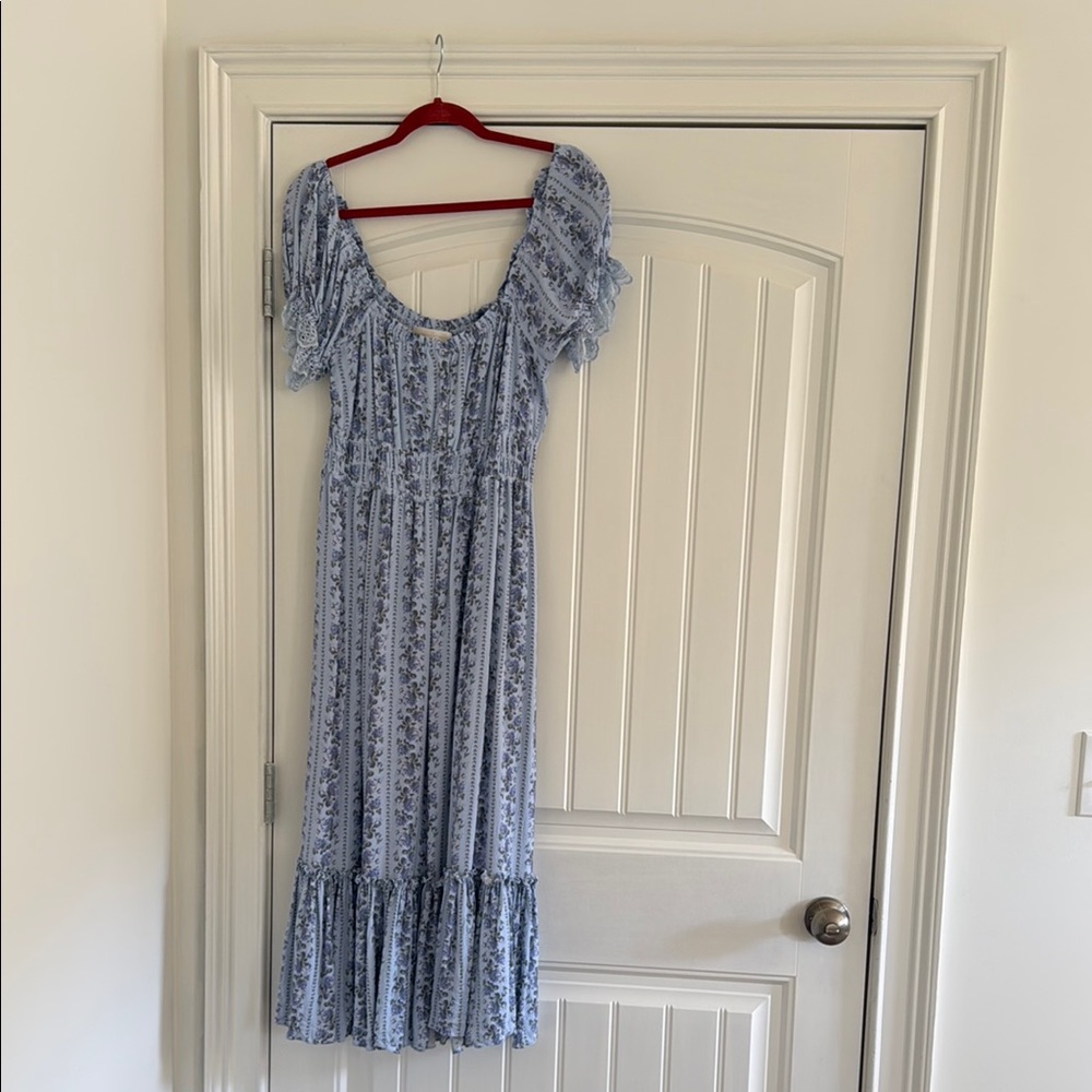 Blue Ruffled Tiered Maxi Sundress with Puff Sleeves